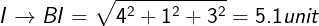 \large I\overset{}{\rightarrow}BI=\sqrt{4^2+1^2+3^2}=5.1unit