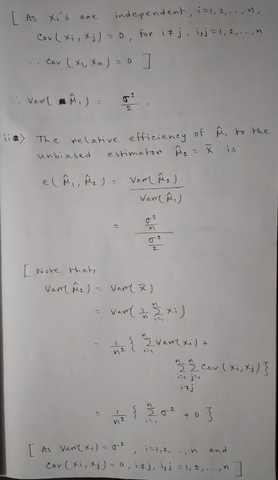 As Xis independent , , 2, , n , an e unbiased eshmaron μ2-x is 2 2 , n an