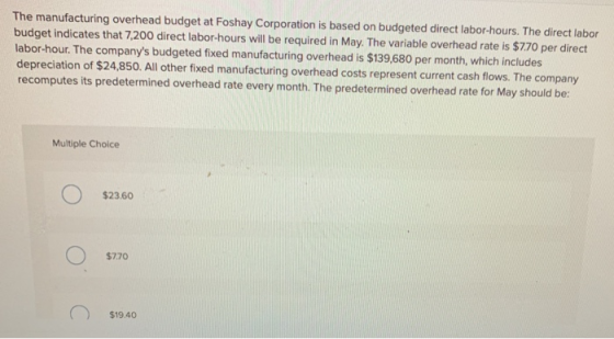 The manufacturing overhead budget at Foshay Corporation is based on budgeted direct labor-hours. The direct labor budget indi