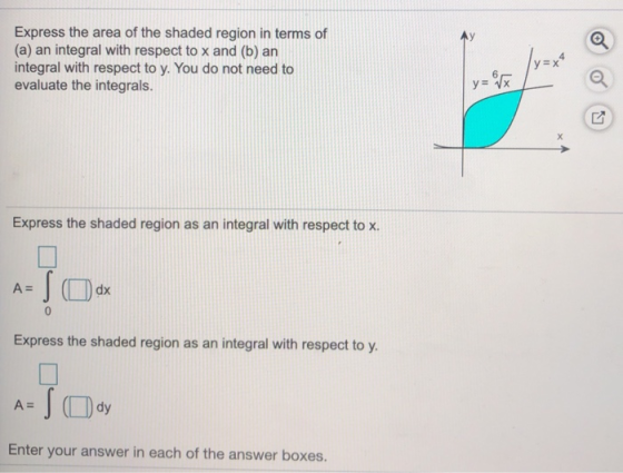 Express the area of the shaded region in terms of (a) an integral with respect to x and (b) an integral with respect to y. Yo