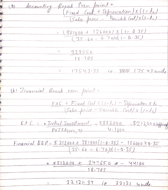 (9) Accounting Break Even point = . (Fined Cost & Depreciation) x (1-tc) (Sales buice - Variable Coil)x(I-teh - (381000 + 126