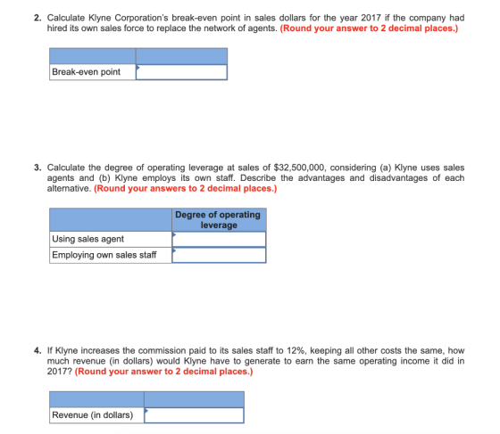 2. Calculate Klyne Corporations break-even point in sales dollars for the year 2017 if the company had hired its own sales f