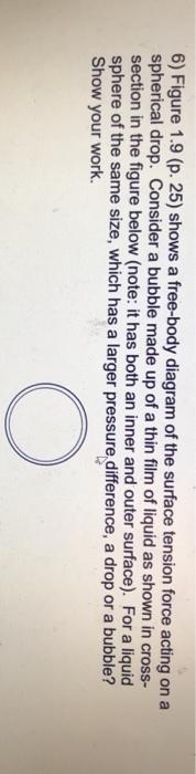 6) Figu spherical drop. Consider a bubble made up of a thin film of liquid as shown in cross- section in the figure below (note: it has both an inner and outer surface). For a liquid sphere of the same size, which has a larger pressure difference, a drop or a bubble? Show your work. re 1.9 (p. 25) shows a free-body diagram of the surface tension force acting on a 5
