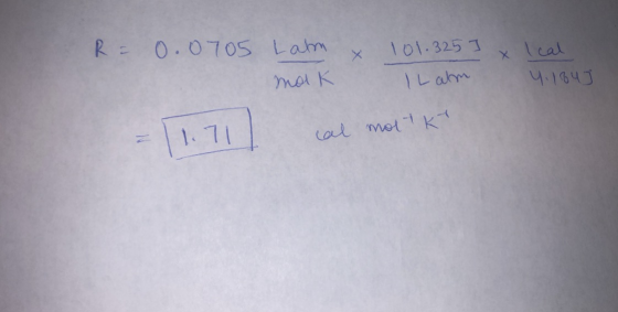 R = 0.0705 Lahm & I x 101.325 Ilam Ical 4.1849 ОК 11.71 al molt Kt