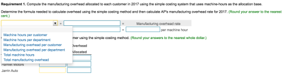 Requirement 1. Compute the manufacturing overhead allocated to each customer in 2017 using the simple costing system that use