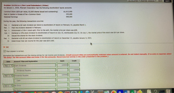 CALCULATOR PRINTER VERSION W NEXT Problem 14-01A (Part Level Submission) (Video) On lauary 1, 2020, Pharah Corporation had th