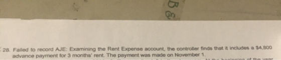 28. Failed to record AJE: Examining the Rent Expense account, the controller finds that it includes a $4,800 advance payment