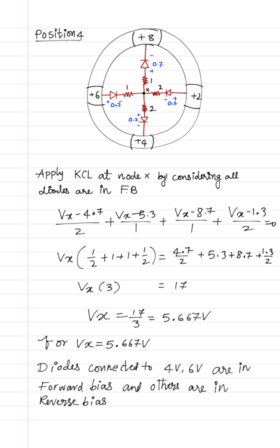 Position 4 + 8 0.7 x 24- +6Hm Amt ttoo 0.7 2 0.755 (+4) Apply KCL at nodex by considering all diodes are in F.B Vx-407 va 5.3