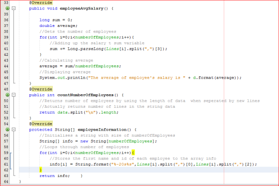 @Override public void employeeAvgSalary() { long sum = 0; double average; // Gets the number of employees for(int i=0;i<numbe