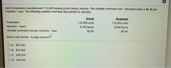 Amir Corporation manufactured 110,000 hockey pucks during January. The variable overhead cost-allocation base is $5.45 per ma