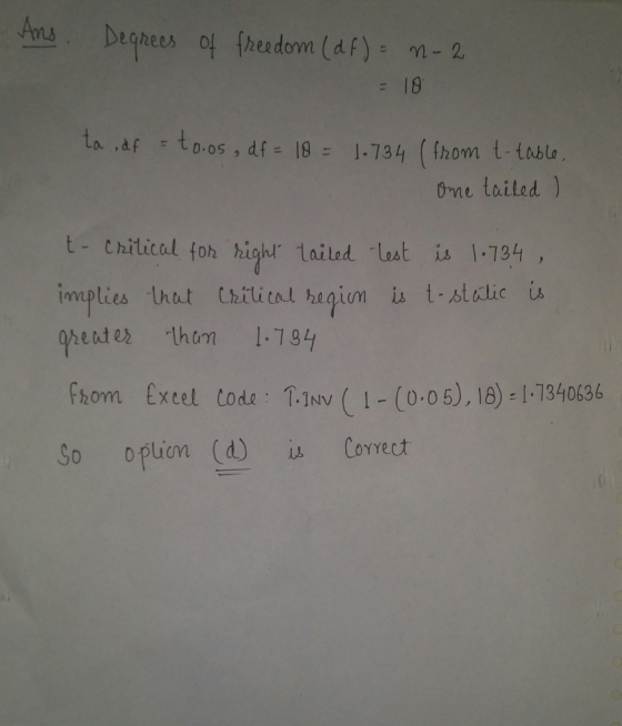 ta ato.os, df- 181-734 (ihom ttablo One taited ) t- chitical foh highl tailed lost is 1.734 Fhom Excel tode 1.1sv (1- (0-05)
