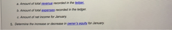 a. Amount of total revenue recorded in the ledger. b. Amount of total expenses recorded in the ledger. c. Amount of net incom
