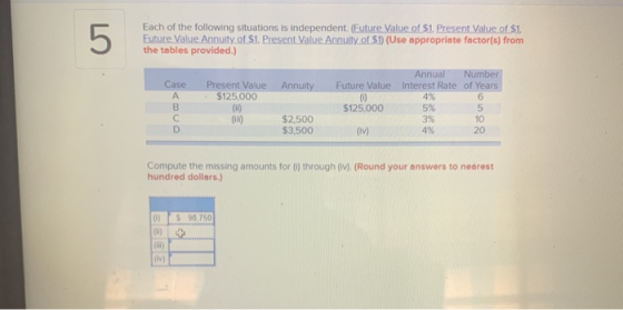 5 Each of the following situations is independent. (Future Value of $1. Present Value of $1. Future Value Annuity of $1. Pres