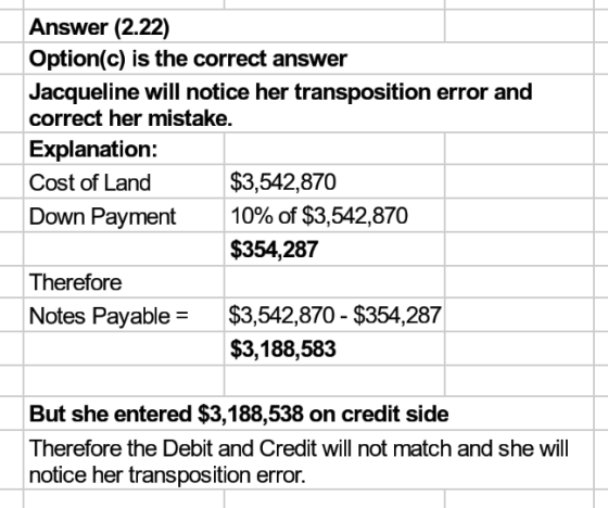 Answer (2.22) Option(c) is the correct answer Jacqueline will notice her transposition error and correct her mistake. Explana