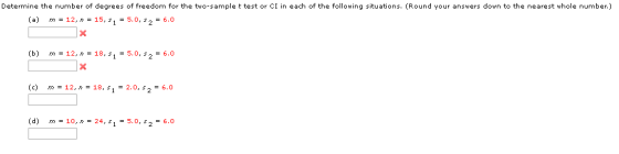 Determine the number of degrees of freedom for the two-sample t test or CI in each of the following situations. (Round your a