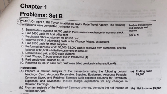 Chapter 1 Problems: Set B and compute net KP1-18 On Apni 1. Bill Taylor established Tavlor Made Travel Agency. The following