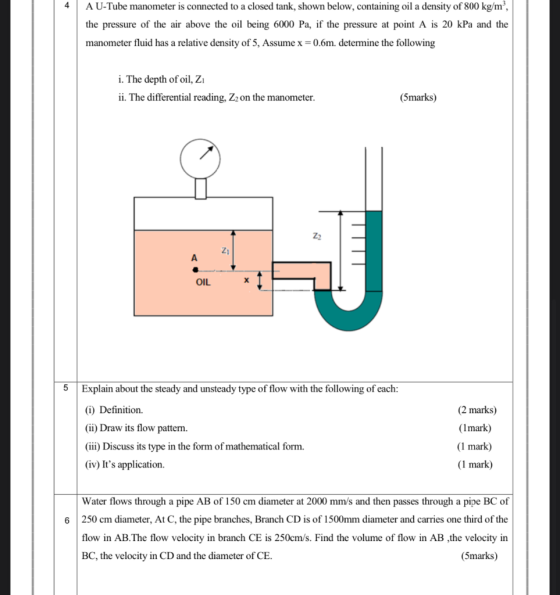 4 A U-Tube manometer is connected to a closed tank, shown below, containing oil a density of 800 kg/m², the pressure of the a