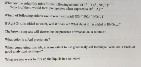 What are the solubility rules for the following anions? S032, PO43-, NO3-,r Which of them would form precipitates when expose