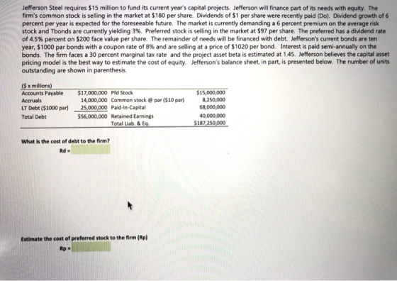 Jefferson Steel requires $15 million to fund its current years capital projects. Jefferson will finance part of its needs wi