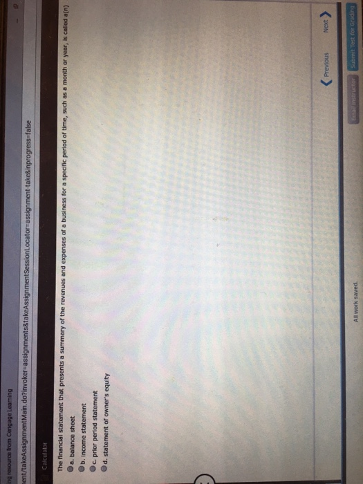 of the and of a a. balance sheet Oc. prior period statement