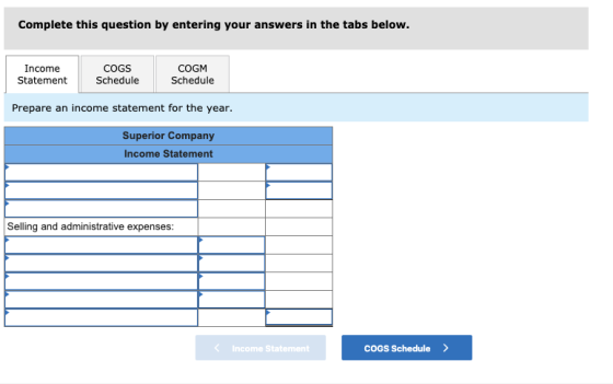 Complete this question by entering your answers in the tabs below. Income Statement COGS Schedule COGM Schedule Prepare an in