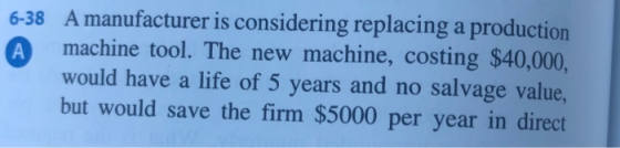 6-38 A manufacturer is considering replacing a production machine tool. The new machine, costing $40,000, would have a life o
