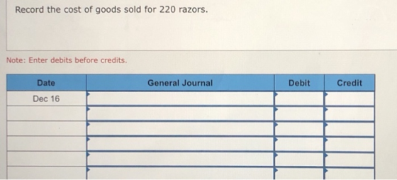 Record the cost of goods sold for 220 razors. Note: Enter debits before credits. Date General Journal Debit Credit Dec 16