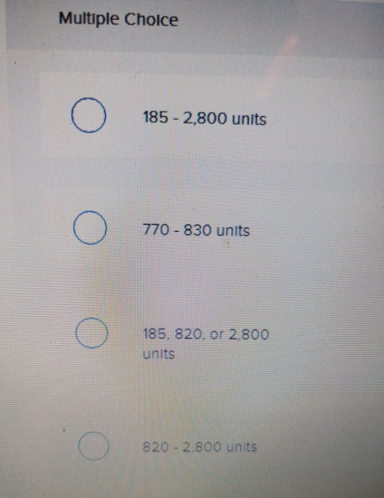 Multiple Choice o 185 - 2,800 units o 770 - 830 units o 185, 820. or 2.800 units o 820 - 2800 units