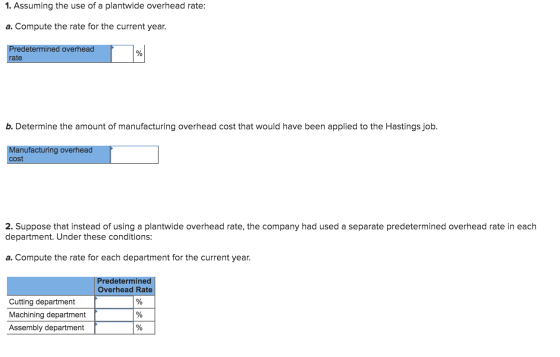 1. Assuming the use of a plantwide overhead rate: a. Compute the rate for the current year. Predetermined overhead rate b. De