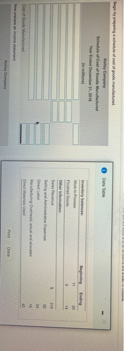 1 Data Table Begin by preparing a schedule of cost of goods manufactured Kelley Company Schedule of Cost of Goods Manufacture