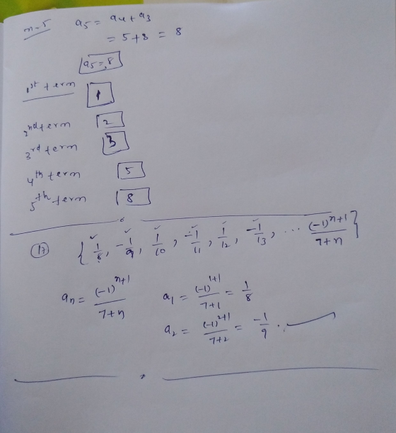 aut az as nes - 5+3 = 8 lar-8 wert endterm 3rd term yth term the term 8 (-1)2+1 -- 13 - ) 2 7 12 +n (19 { g! ntl Al an= (-1)