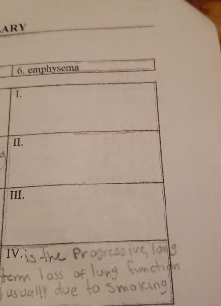 ARY 6. emphysema IV. is the progressive long term lass of lung function usually due to smoking