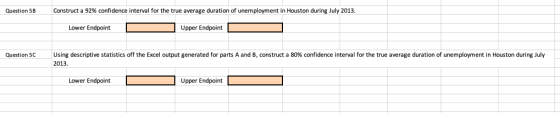 Question 5B Construct a 92% confidence interval for the true average duration of unemployment in Houston during July 2013. Lo