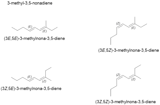 3-methyl-3,5-nonadiene EA V (E) no (3E,5E)-3-methylnona-3,5-diene (3E,5Z)-3-methylnona-3,5-diene (2) (37,5E)-3-methylnona-3,5