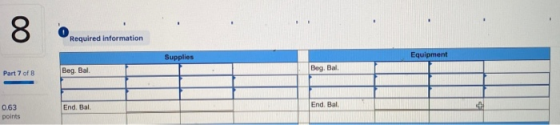 8 Required information Supplies Equipment Part 7 of 8 Beg Bal Beg Bal End. Bal End. Bal 0.63 points
