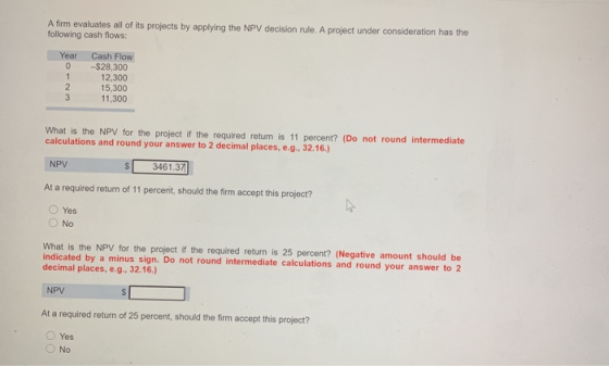 A firm evaluates all of its projects by applying the NPV decision rule. A project under consideration has the following cash
