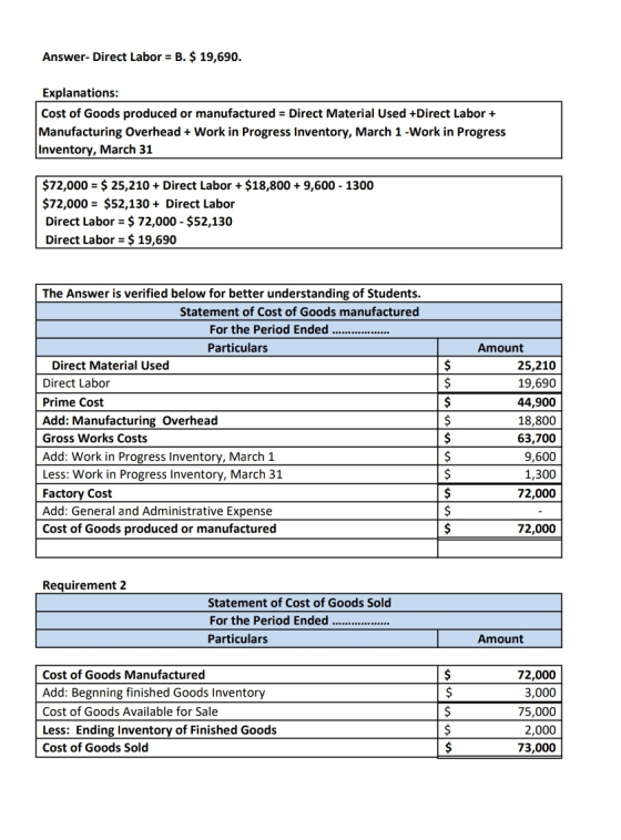 Answer-Direct Labor = B. $ 19,690. Explanations: Cost of Goods produced or manufactured = Direct Material Used +Direct Labor