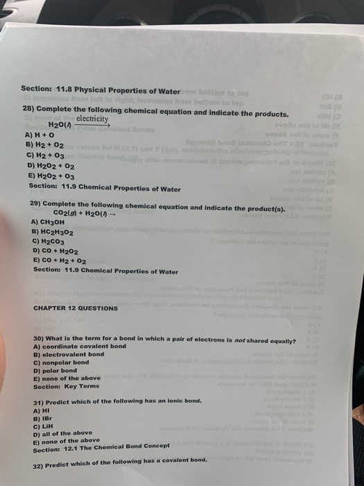 Section: 11.8 Physical Properties of Waterrom bottom to top 101 (A ses from loft roasos from bettom to top ( 28) Complete the