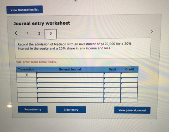 View transaction list Journal entry worksheet 1 2 Record the admission of Madison with an investment of $120,000 for a 20% in