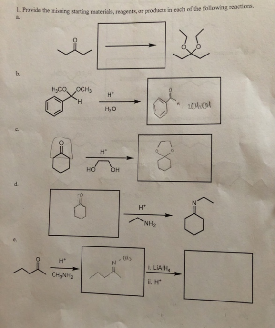 the missing starting materials, reagents, or products in each of the following reactions. H3COOCH3 H* 2CH₃OH H2O 0 HO OH NH₂