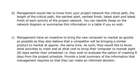 b) Management would like to know from your project network the critical path, the length of the critical path, the earliest s