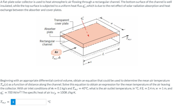 A flat-plate solar collector is used to heat atmospheric air flowing through a rectangular channel. The bottom surface of the