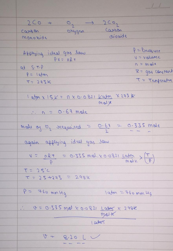 o 2Co t Carbon monoxide oxygen - 200g Carbon dioxide Applying ideal gas law Pu= nRT at S.TOP P = latm T= 273K p=bus une V = v
