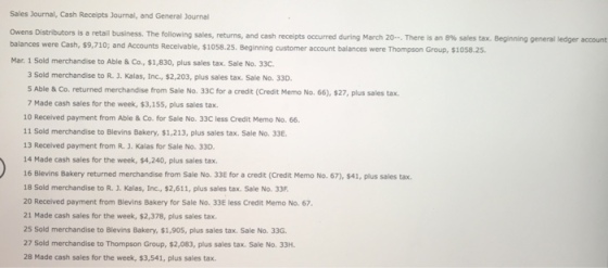 Sales Journal, Cash Receipts Journal, and General Journal Owens Distributors is a retail business. The follow Mar. 1 Sold merchandise to Able & Co., $1,830, plus sales tax. Sale No. 33C ng sales, returns, and cash receipts occurred during March 20-.. There is an 8% sales tax. Beginning general ledger account e, $1058.25. Beginning customer account balances were Thompson Group, $1058.25. 3 Sold merchandise to R. J. Kalas, Inc., $2,203, plus sales tax. Sale No. 33D. S Able & Co. returned merchandise from Sale No. 33C for a credit (Credit Memo No. 66), $27, plus sales tax. 7 Made cash sales for the week, $3,15S, plus sales tax 10 Received payment from Able & Co. for Sale No. 33C less Credit Memo No. 66. 11 Sold merchandise to Blevins Bakery, $1,213, plus sales tax. Sale No. 33E 13 Received payment from R. J. Kalas for Sale No. 33D. 14 Made cash sales for the week, $4,240, plus sales tax. 16 Blevins Bakery returned merchandise from Sale No. 33E for a credit (Credit Memo No. 67), $41, plus sales tax 18 Sold merchandise to R. J. Kalas, Inc., $2,611, plus sales tax. Sale No. 33F 20 Received payment from Blevins Bakery for Sale No. 33E less Credit Memo No. 67 21 Made cash sales for the week, $2,378, plus sales tax 25 Sold merchandise to Blevins Bakery, $1,905, plus sales tax. Sale No. 33G 27 Sold merchandise to Thompson Group, $2,083, plus sales tax. Sale No. 33H. 28 Made cash sales for the week, $3,541, plus sales tax