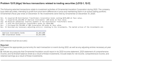 Problem 12-5 (Algo) Various transactions related to trading securities (LO12-1, 12-3] The following selected transactions rel