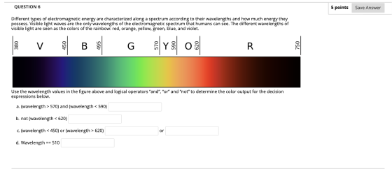 QUESTION 6 5 points Save Answer Different types of electromagnetic energy are characterized along a spectrum according to the