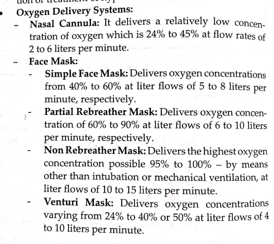 ... Погул систсто о т - Oxygen Delivery Systems: - Nasal Cannula: It delivers a relatively low concen tration of oxygen which