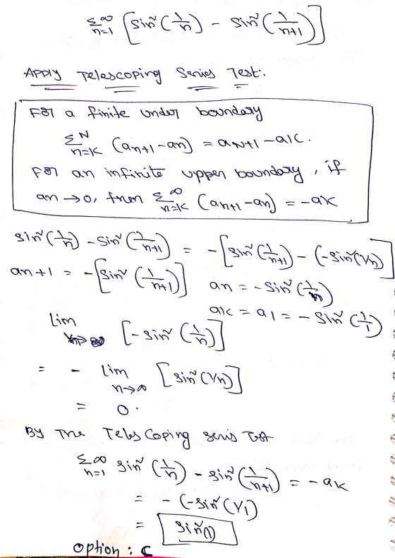 E. n=1 [vco) shot (m)] ntl Apply Telescoping Sering Test: EN 며 -anti-all. For a finite under boundary (བུདནད -mo) for an infi