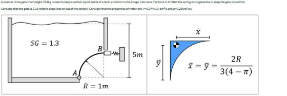 A quarter circle gate that weighs 314kg is used to keep a certain liquid inside of a tank, as shown in the image. Calculate t