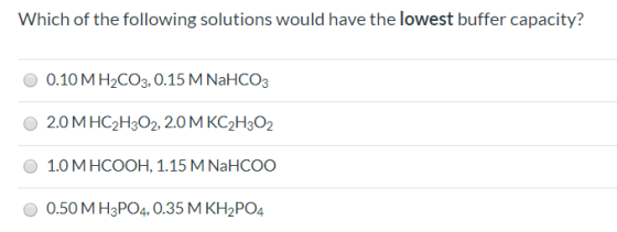Which of the following solutions would have the lowest buffer capacity? 0.10 M H2CO3, 0.15 M NaHCO3 2.0 MHC2H302, 2.0 M KC2H3